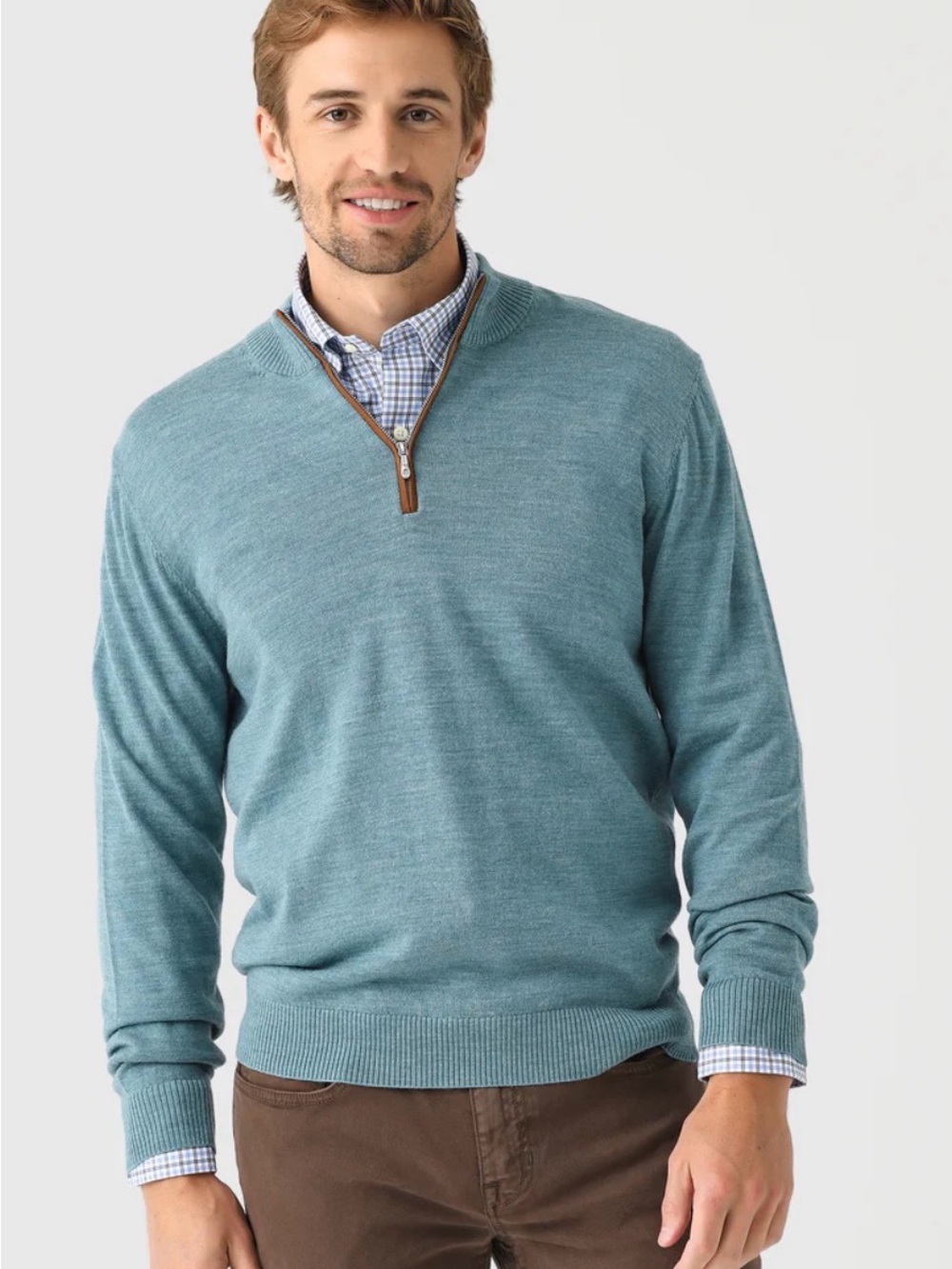 johnnie-O Men's 100% Merino Wool Teal quarter -Zip Sweater with Leather Trim